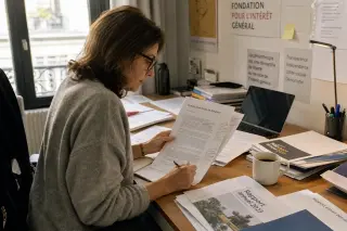 Middle-aged woman annotating legal document in a cozy foundation office, soft daylight, subtle scene of thoughtful, solitary civic engagement.