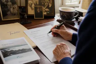 Donor and tax law specialist focused on documents in a sunlit office, annotated dossiers and coffee on the table, natural atmosphere.