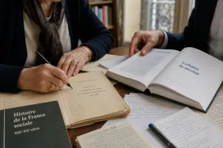 Hands of two generations engaged in annotating philanthropy documents on a crowded desk in a warm, book-lined office.