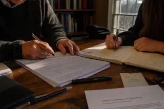 Woman annotates foundation legal documents at a wooden table in a sunlit, modest office lined with files and books.