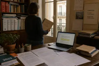 A foundation executive reflected in a window, reviewing annotated governance documents in a warm, softly lit office filled with legal materials.