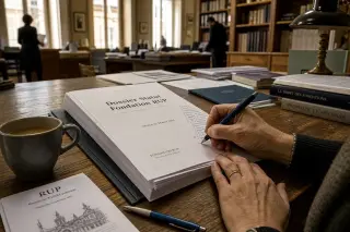 Hands annotating a legal foundation report on a wooden table in a softly lit, busy office with documents and a coffee cup