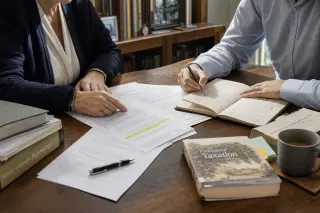 Two people in a cozy coworking space, absorbed in discussion over a spread of foundation documents and reports, warm natural light highlighting an authentic, collaborative atmosphere.