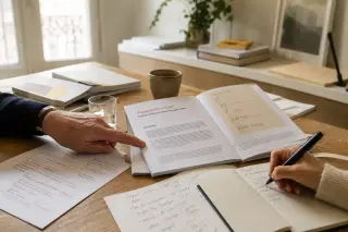 Hands of two people from different generations reviewing annotated reports on a wooden table in a warmly lit foundation office, suggesting engaged discussion and collaboration.